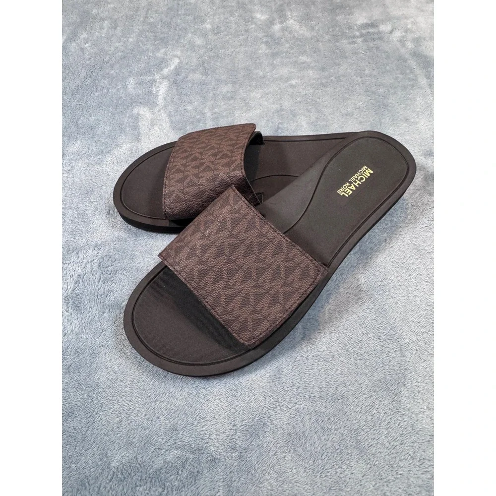 Michael Kors MK Slide Sandals 8M Brown Monogram Logo Print